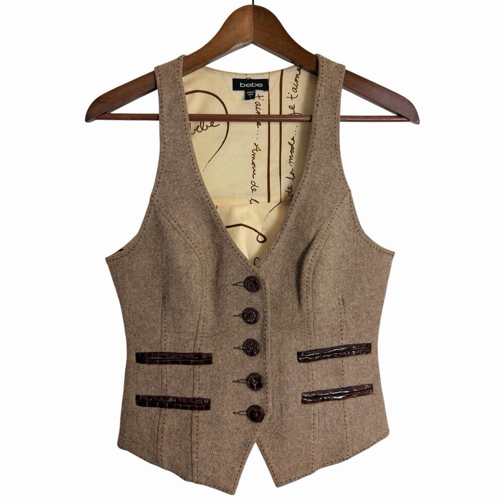 Vintage Bebe Tweed Suit Vest Brown Croc Leather Trim Y2K Corset Waistcoat Small